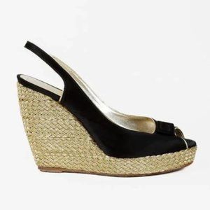 Roger Vivier Black Satin Peep Toe Slingback Wedges
